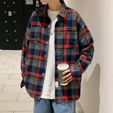 Riolio Autumn Long Sleeved Shirt Men Fashion Oversized Plaid Shirt Men Streetwear Korean Loose Casual Shirts Mens Large Size M-5XL